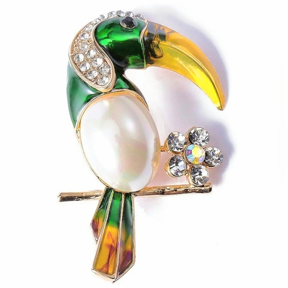Gold Plated Muticolor White Crystal Floral Toucan Brooch - Picture 9 of 10